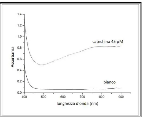 Figura 2.16 Spettro di assorbimento del reattivo FC in presenza e assenza di un polifenolo (catechina)