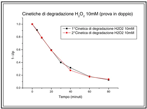 Figura 5.10. Cinetiche di degradazione del film polifenolico, ottenute fotolizzando una soluzione di H 2 O 2  10 mM