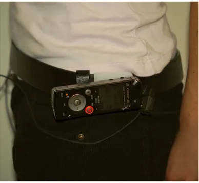 Figura 2.2 Paziente che indossa la cintura, su cui sono stati fissati il microfono collegato alla videocamera e il  registratore vocale 