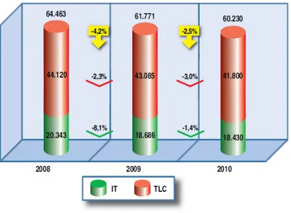 Figura 1.1: Mercato italiano dell'ICT (2008-2010). Valori in milioni di euro e variazioni in percentuale.
