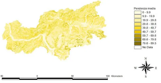 Fig. 3.4. Pendenza media del bacino dell'Adige a Bronzolo determinata dal modulo del gradiente della  superficie in ogni punto 