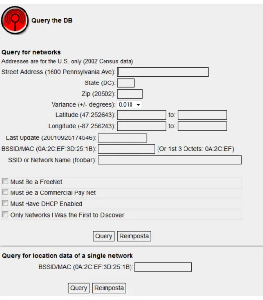 Figura 3.2: Form per le query online del database di Wigle