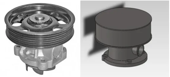 Fig. 4.1 –  A destra pompa dell’acqua originale, a destra pompa dell’acqua riprodotta in 3D  con Solidworks