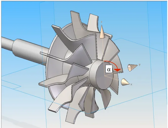 Figura 2.1.1: Disegno in scala 1:1 della girante e sistema di riferimento solidale con  