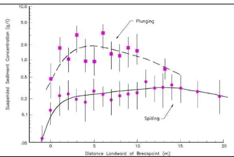 Figura 24 - Distribuzione della concentrazione media di sedimenti alla breaker line a 10 cm  dal fondo per due diverse tipologie di frangenti