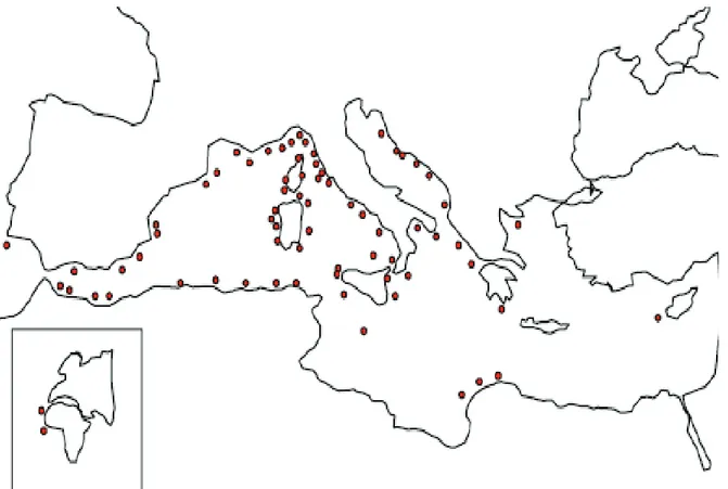Figure  2.2 :  Geographical  distribution  of  Corallium  rubrum.  The  red  circles  represent  the  known  populations (Marchetti 1965).