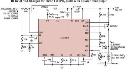 Illustrazione  13:   tipico   schema   dell'LTC4000-1.   Si   noti   il   collegamento del MOS per alimentare le batterie il quale possiede un   diodo in antiparallelo a causa della tecnologia di fabbricazione