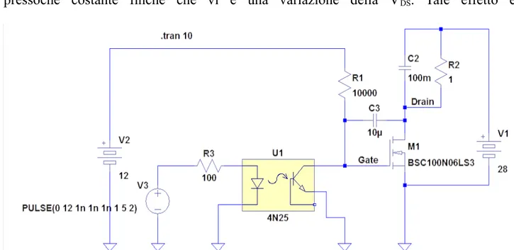 Illustrazione  14: Circuito per l'avviamento soft in LTSpice. Il carico escludibile è composto dal   parallelo di R2 e C2 e come si può notare presenta una capacità da 100mF che deve essere   caricata rapidamente; il MOS indicato non è quello che utilizzer