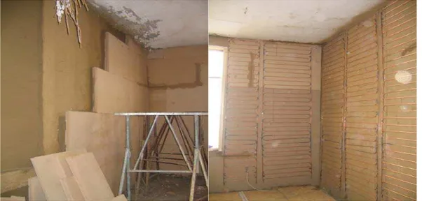 Fig. 14: a sin. rivestimento con pannelli calcio-silicato di una parete già intonacata con argilla, a destra  pareti termicamente con le serpentine dell’impianto di riscaldamento