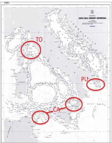 Figure  3:  Map  of  superficial  currents  along  the  Italian  coasts  on  August/September  (Istituto  Idrografico  della  Marina,  Genova  1982)