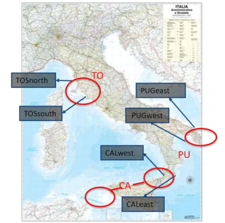 Figure  9:  Map  of  the  sample  sites:  TOSnorth,  Toscana  north;  TOSsouth, Toscana south; CALwest, Calabria  west; CALeast, Calabria  East;  PUGwest,  Puglia  west;  PUGeast,  Puglia  East