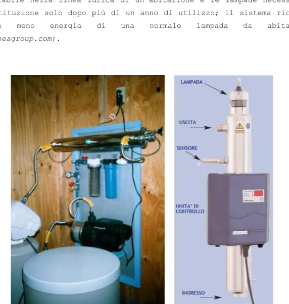 Figura 3.25- Sistema tipico di trattamento: filtro a cartuccia da 5 micron; filtro  a carbone attivo da 3 micron; debatterizzatore a luce ultravioletta (Krishna, 2005) 