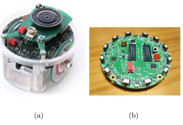 Figure 4.1: The E-puck robot (a) and the Range &amp; Bearing (b).