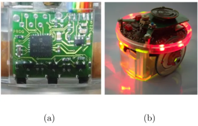 Figure 4.3: In (a) is showed a close-up view of the e-puck Ground Sensors module while in (b) the E-puck with LEDs on.