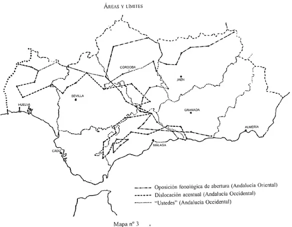 Fig. 3. Mappa dei fenomeni caratteristici della coniugazione andalusa. Mondéjar Cumpián (1991: 145)