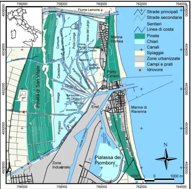 Figura  1.1    Mappa  della  Pialassa  Baiona,  dove  sono  indicati  i  principali  canali,  gli  specchi d’acqua e la localizzazione del polo industriale