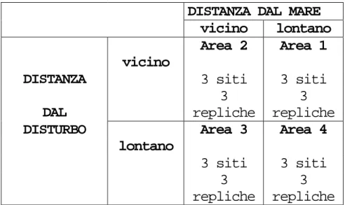 Tabella 1 Distribuzione delle aree nel disegno di campionamento. 