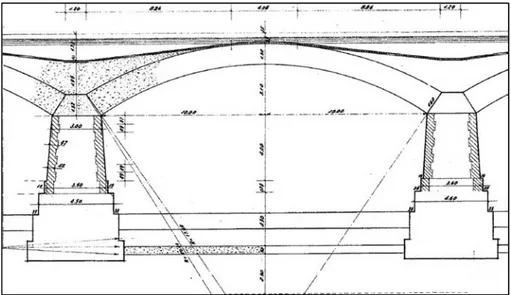 Figura 3.4 – Sezione longitudinale della generica arcata del ponte (Tavola Storica)  Il  rinfianco  è  presente  sulle  pile  e  sulle  pile-spalle  e  provvede  a  zavorrare  gli  elementi strutturali spostando la risultante della spinta degli archi verso
