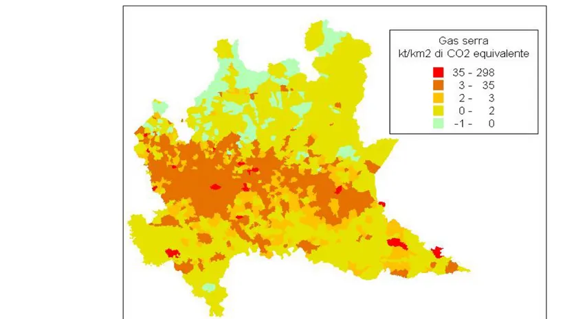 Figura 6 Dispersione dei principali inquinanti espressa in massa di sostanza per superficie (fonte: INEMAR- INventario EMissioni ARia - Regione Lombardia -  Risultati regionali 2008)