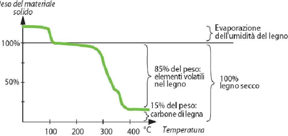 Figura  7  Suddivisione  percentuale  delle  componenti  del  legno  e  loro  comportamento  durante  la  combustione [2]  