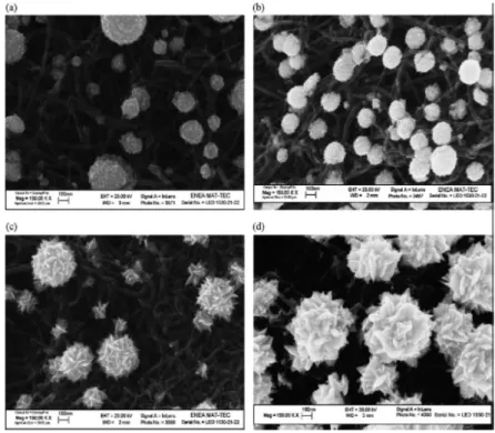 Fig. 4 Immagini SEM di PtNPs depositate su nanotubi di carbonio (CNTs)  utilizzando diverse densità di corrente: (a) 120, (b) 180, (c) 240, e (d) 360  mC cm -2 