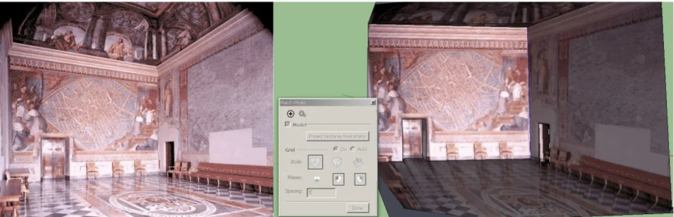 Illustrazione 2.15: A sinistra foto della sala Bologna, a destra trasposizione con il Match Photo di SketchUp
