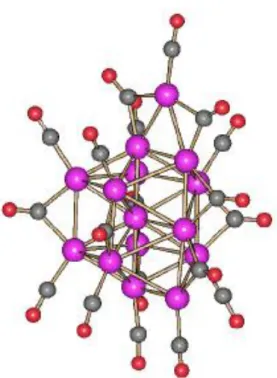 Figura  1.1.5.  Struttura  del  cluster  [Pt 15 (CO) 19 ] 4- .  Legenda:  viola=  Platino;  grigio=  Carbonio; rosso= Ossigeno