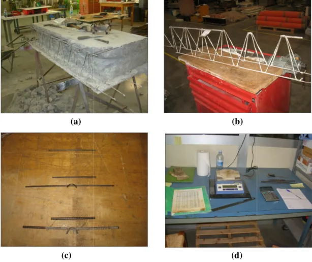 Figura 2.6    Fasi di preparazione dei campioni di acciaio del traliccio.  (a): demolizione manuale  di  parte  del  provino  di  sol