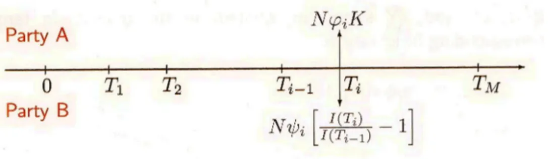 Figura 3.2: ‘cash flow’ relativo a un YYIIS, con scadenza T M , dove M indica il numero degli anni.