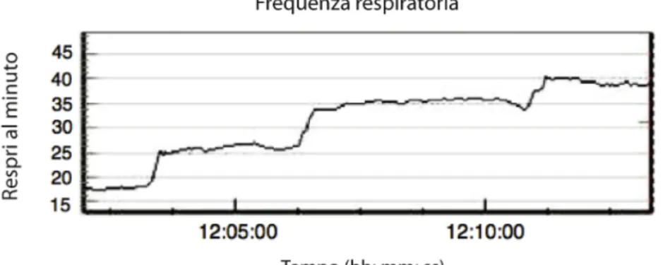 Figura 16: Frequenza respiratoria , in aumento,  dopo 10 minuti dall’inizio della corsa di 3km 