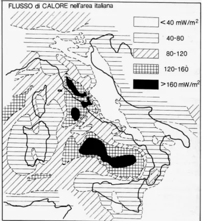 Figura 5: Flusso di calore nell'area italiana, da  Mongelli et al. 1992