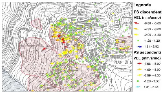 Figura 15- Sovrapposizione tra la mappa dell'area e i PS classificati con riferimento alla  velocità espressa in mm/anno