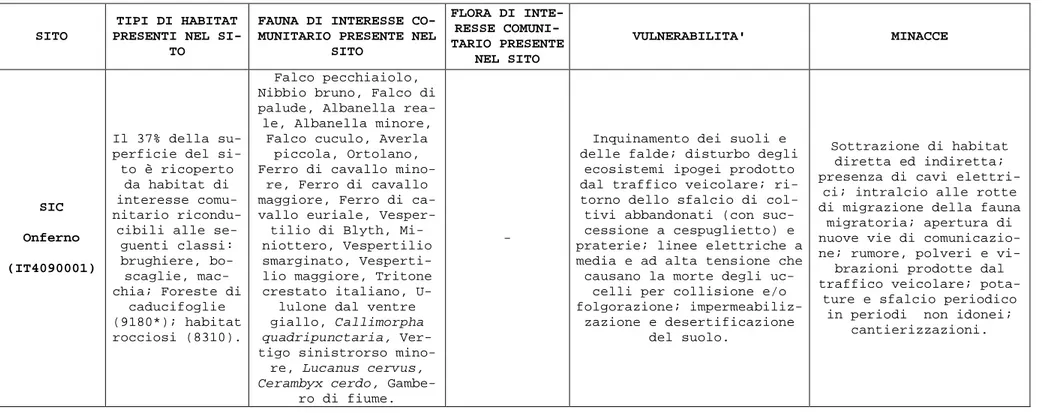 Tabella 4.1. Tabella delle vulnerabilità e delle minacce prodotte dal Piano Energetico della  Provincia di Rimini sui territori delle SIC e ZPS provinciali