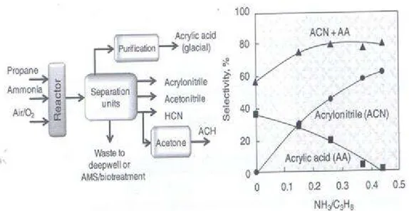 Figura 4.6: Variazione della selettività in acrilonitrile ed acido acrilico al variare del rapporto  ammoniaca/propano