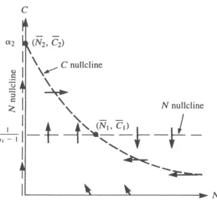 Figura 1.3: Quadro delle fasi del modello del chemostato: Nullcline