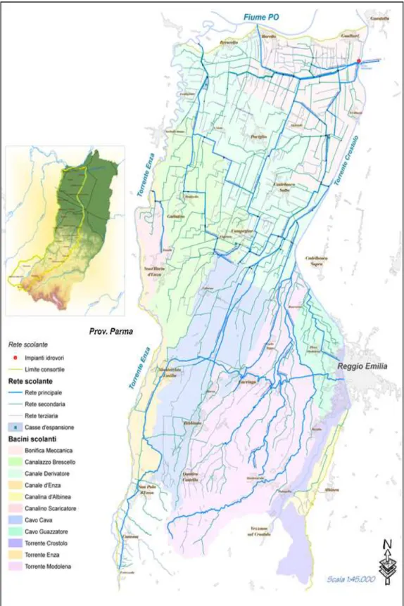 Figura  1.4:  La  rete  idrografica  di  pianura  dell’ex  Consorzio  di  Bonifica  Bentivoglio  Enza