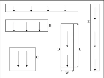 Figura 2.6: Cinque bacini aventi differenti forme ma uguali aree, per illustrare l’effetto della forma  dei bacini sul valore di W