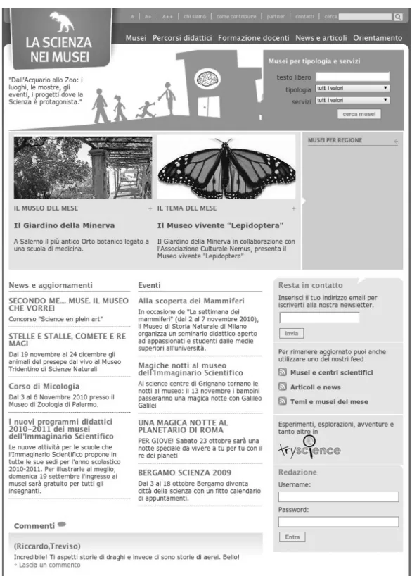 Figura 5: Schermata della home page del portale La Scienza nei Musei