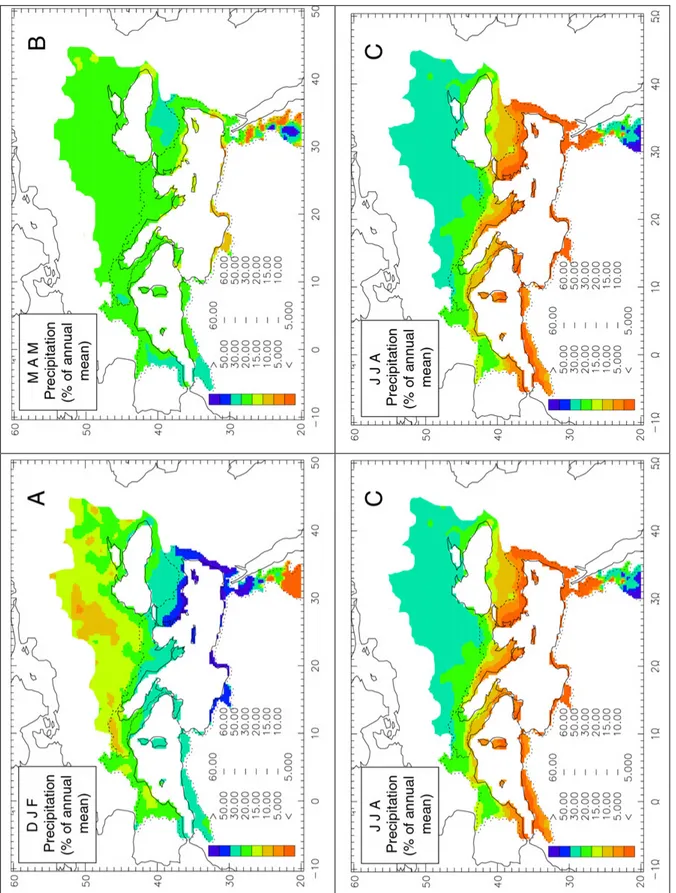 Fig. 3.4 – Variabilità stagionale della precipitazione nel bacino di drenaggio del Mare Mediterraneo