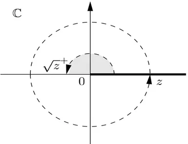 Figura 1.2: Poiché l’argomento di z tende a 2π, l’argomento di √ z + tende a π. La parte immaginaria di √ z + é positiva o nulla