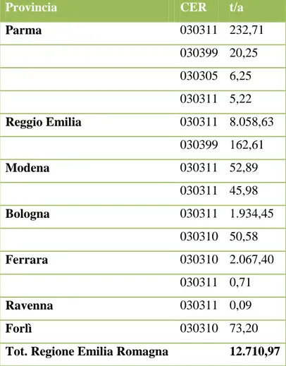 Tabella 1.2 - Quantitativi di fanghi di cartiera prodotti in Emilia Romagna (2008) 