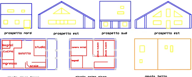 figura 4: prospetti, piante e tetto della casa 