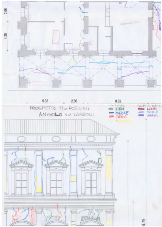 Fig. 4.1e 4.2: Pianta piano terra, angolo piazza Rossini Via Zamboni (sopra),   prospetto piazza Rossini angolo via Zamboni (sotto),esempio di foglio di 