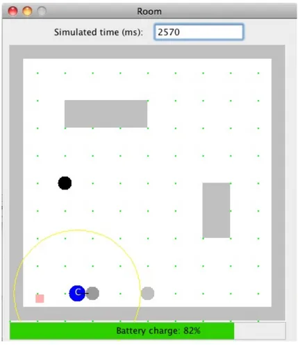 Figura 5.2: Interfaccia grafica realizzata in Java per la rappresentazione dell’arena del caso di studio catturata in un momento in cui il robot sta pulendo la stanza.