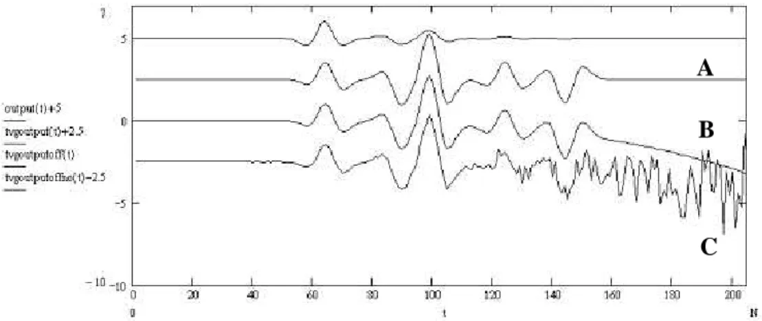 Figura 2.9: Effetto del guadagno: in alto l’effetto di un guadagno applicato correttamente (A),  poi l’effetto di una piccola dc offset negativa (B) e alla fine l’effetto di entrambi una piccola dc  offset negativa e rumore del segnale (C ) [1]