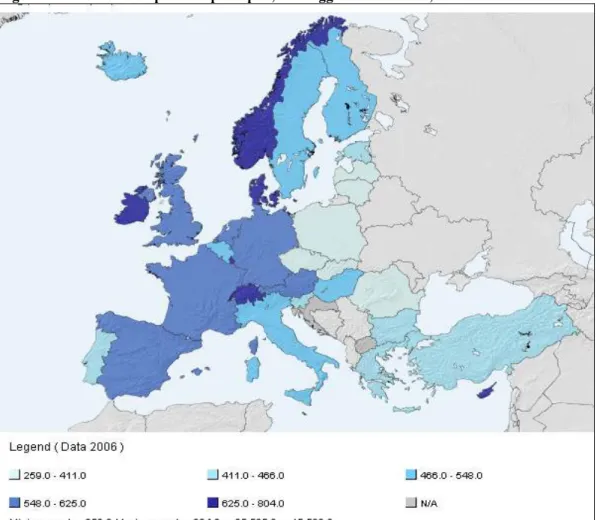 Figura 1: Rifiuti urbani prodotti procapite, dato aggiornato al 2006, fonte Eurostat. 
