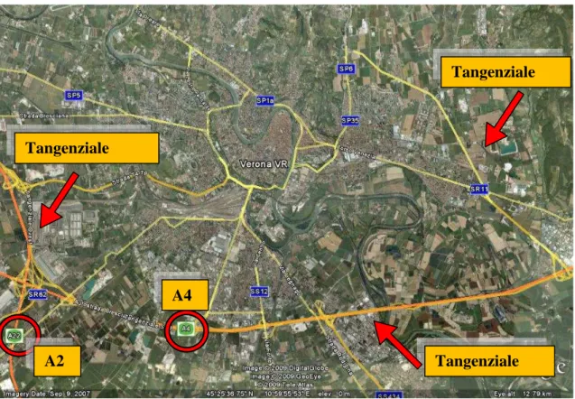 Figura 3. 1 Infrastrutture esistenti: tangenziale Ovest, Est, Sud, autostrada A4 e A22 Tangenziale Sud Tangenziale Est Tangenziale Ovest A4 A22 
