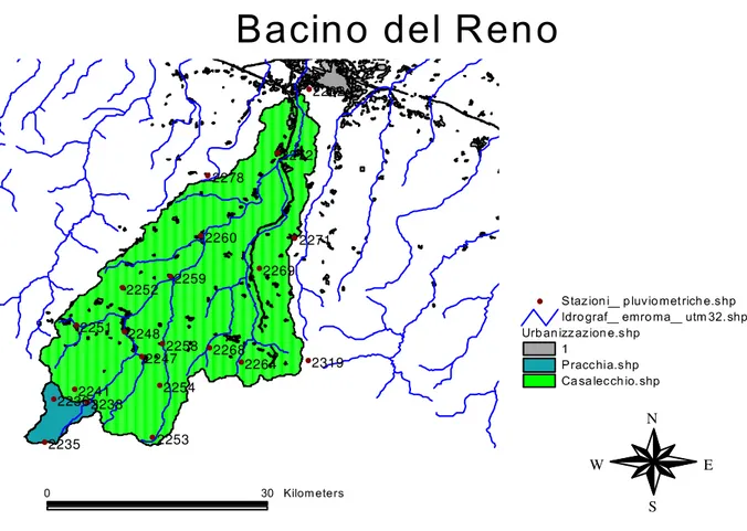Fig. 1.5: Bacino del Reno con chiusura a Casalecchio e Pracchia; i puntini indicano le stazioni  pluviometriche scelte