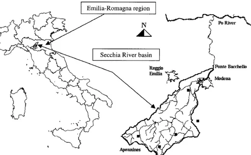 Figura 2-1 Localizzazione e mappa del Fiume Secchia. I quadrati neri indicano la posizione  delle stazioni pluviometriche [7]
