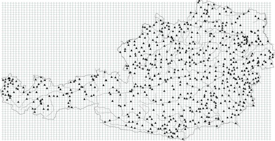 Figure 6.2.2-1– Location of the 693 stations in Austria. On the entire area a grid has been created, 6000 gridpoints are so defined with 